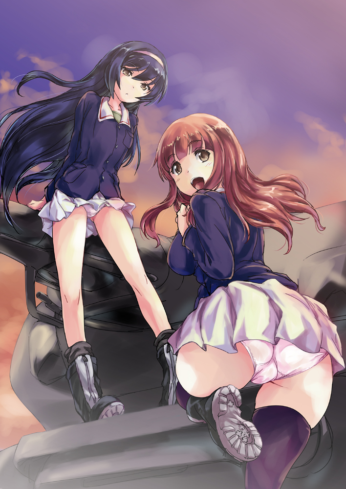 2girls :d bangs black_boots black_hair black_legwear blue_jacket blunt_bangs blush boots brown_eyes brown_hair commentary_request crotch_seam eyebrows_visible_through_hair girls_und_panzer green_shirt ground_vehicle hairband jacket long_hair looking_at_viewer looking_back matsukura_nemu military military_uniform military_vehicle motor_vehicle multiple_girls on_vehicle ooarai_military_uniform open_mouth orange_eyes orange_hair panties pantyshot pantyshot_(standing) panzerkampfwagen_iv pink_panties pleated_skirt reizei_mako revision shirt skirt smile socks standing takebe_saori tank underwear uniform vehicle white_panties white_skirt wind