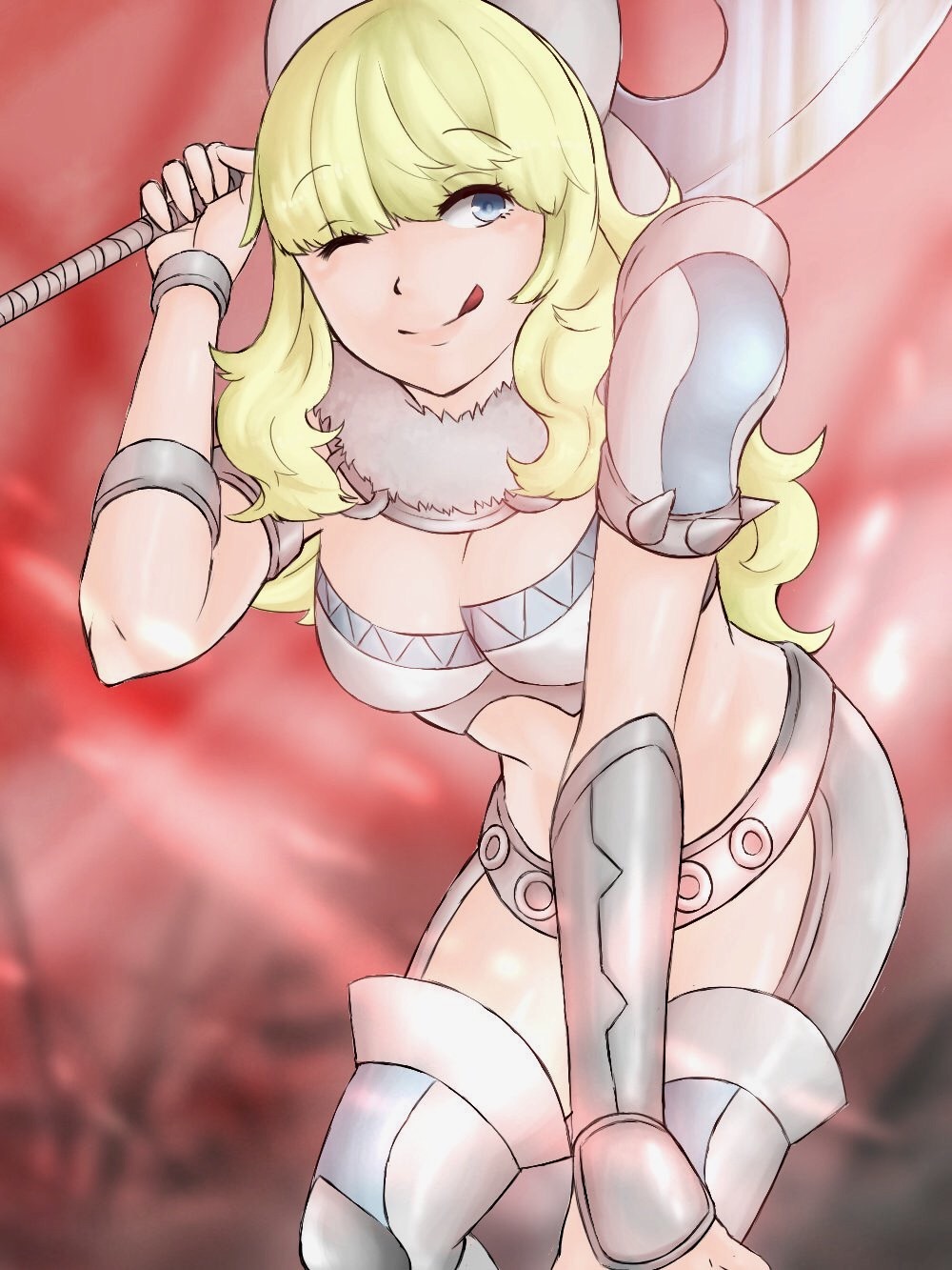 1girl ;q blonde_hair blue_eyes boots bracer breasts charlotte_(fire_emblem_if) cleavage fire_emblem fire_emblem_if highres holding holding_axe holding_weapon leaning_forward looking_to_the_side midriff one_eye_closed over_shoulder pauldrons red_background sakiyomi_no_nana smile solo tongue tongue_out wavy_hair weapon weapon_over_shoulder