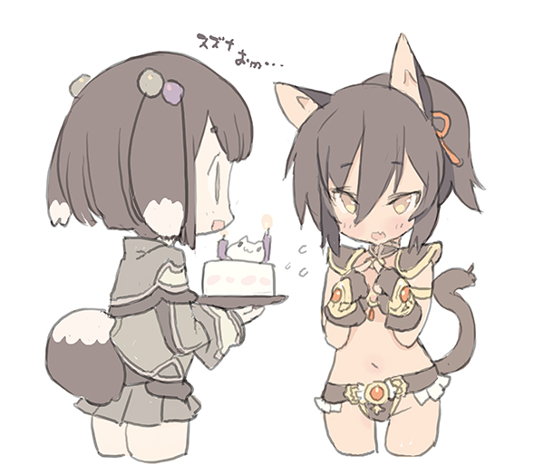 2girls animal_ears bangs birthday blade_(galaxist) blush brown_gloves brown_hair cake cat_ears cat_tail chibi cropped_legs dog_ears dog_tail eyebrows_visible_through_hair food gloves hair_between_eyes highlights looking_at_another multicolored_hair multiple_girls navel open_mouth ponytail pop-up_story renge_miyamoto sidelocks simple_background smile suzuna_isurugi tail translation_request twiddling_fingers white_background yellow_eyes