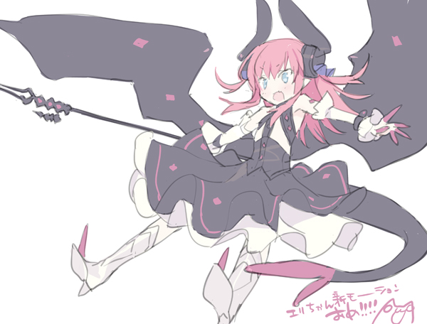 1girl :3 :d bangs bident black_dress blade_(galaxist) blue_eyes blush cat dragon_tail dragon_wings dress eyebrows_visible_through_hair fate/extra fate/extra_ccc fate_(series) holding holding_weapon lancer_(fate/extra_ccc) long_hair open_mouth pink_hair smile solo tail weapon wings