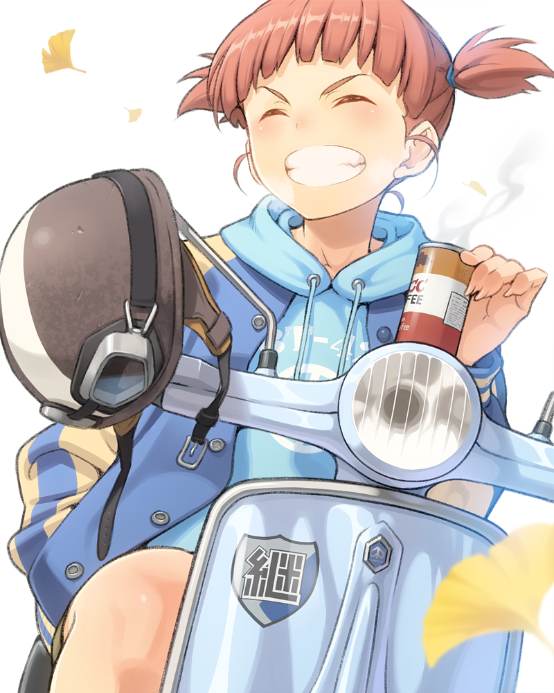 1girl autumn_leaves brown_hair can closed_eyes coffee girls_und_panzer goggles goggles_on_headwear grin ground_vehicle mikko_(girls_und_panzer) motor_vehicle pairan scooter short_twintails smile solo steam twintails