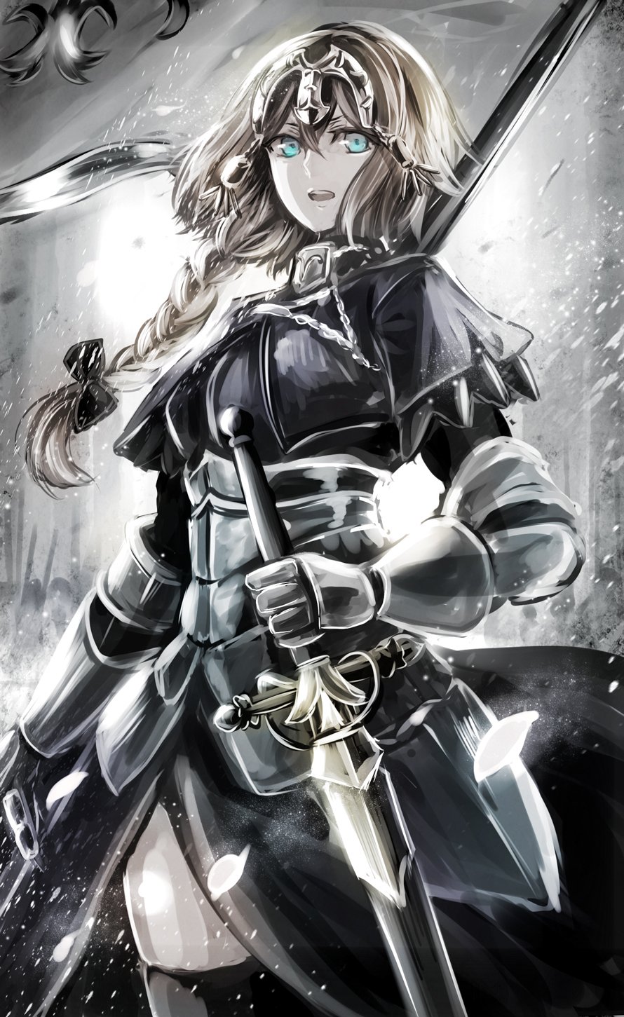 1girl armor armored_dress black_bow black_legwear blonde_hair blue_eyes bow braid breasts capelet cowboy_shot fate/apocrypha fate_(series) faulds flag gauntlets hair_between_eyes hair_bow headpiece highres holding holding_sword holding_weapon jan_(lightdragoon) long_hair looking_at_viewer medium_breasts open_mouth reverse_grip ruler_(fate/apocrypha) single_braid solo sword thigh-highs weapon