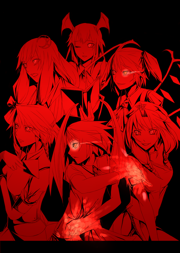 &gt;:d &gt;:o 6+girls :d :o ;d ascot bat_wings beret book braid china_dress chinese_clothes commentary_request crescent crescent_hair_ornament dress fighting_stance flandre_scarlet glowing glowing_eye glowing_hand hair_ornament hair_ribbon hat holding holding_book hong_meiling izayoi_sakuya koakuma_(touhou) light_trail long_hair looking_to_the_side monochrome multiple_girls necktie no_hat no_headwear one_eye_closed open_book open_mouth patchouli_knowledge puffy_short_sleeves puffy_sleeves red remilia_scarlet ribbon short_hair short_sleeves side_ponytail sidelocks slit_pupils smile star striped striped_dress sumire_(spicegirls) the_embodiment_of_scarlet_devil touhou tress_ribbon twin_braids vertical_stripes wings