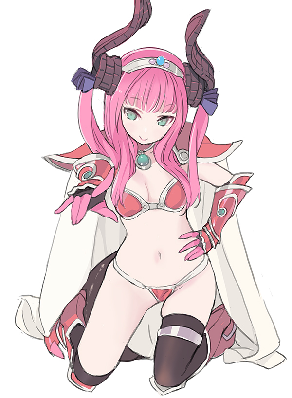 1girl armor asymmetrical_legwear bangs bikini bikini_armor blade_(galaxist) blunt_bangs boots breasts brown_legwear cape closed_mouth curled_horns dragon_tail elbow_gloves elizabeth_bathory_(brave)_(fate) eyebrows eyebrows_visible_through_hair fate/extra fate/extra_ccc fate/grand_order fate_(series) fingerless_gloves full_body gauntlets gem gloves green_eyes hair_ribbon hand_on_hip hand_up horns jewelry knee_pads kneeling lancer_(fate/extra_ccc) long_hair looking_at_viewer midriff navel necklace pauldrons pink_boots pink_gloves pink_hair pointing pointing_at_viewer purple_ribbon red_bikini ribbon sidelocks simple_background skindentation small_breasts smile solo stomach string_bikini swimsuit tail thigh-highs thigh_strap tiara two_side_up white_background white_cape