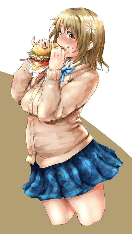 1girl bangs belly blush bow breast_squeeze breasts brown_eyes brown_hair eating food food_on_face glutton hair_ornament hamburger idolmaster idolmaster_cinderella_girls large_breasts long_sleeves looking_at_viewer messy mimura_kanako open_mouth plump school_uniform short_hair simple_background skirt solo