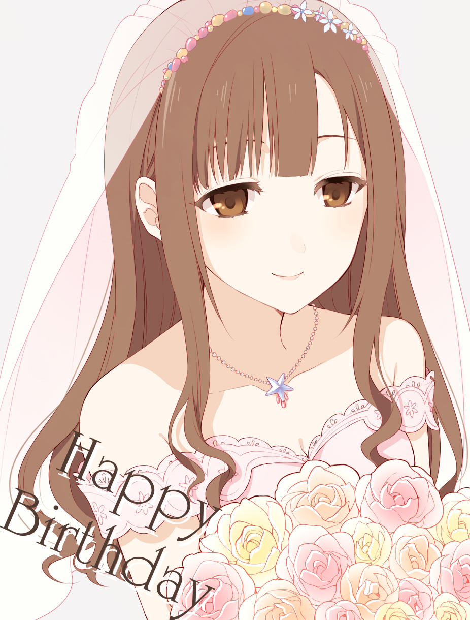 1girl bangs beige_background blunt_bangs blush bouquet bridal_veil brown_eyes brown_hair chisumi closed_mouth collarbone dress flower happy_birthday highres holding holding_bouquet idolmaster idolmaster_cinderella_girls jewelry long_hair mizumoto_yukari necklace simple_background smile solo upper_body veil wedding_dress