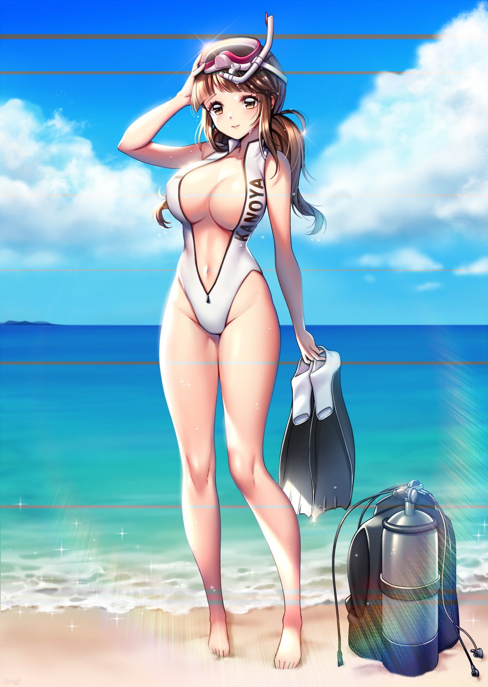1girl bangs bare_shoulders beach blue_sky blunt_bangs breasts brown_eyes brown_hair center_opening cleavage closed_mouth clothes_writing clouds cloudy_sky collarbone day diving_mask diving_mask_on_head eyebrows_visible_through_hair flippers full-length_zipper full_body glint groin highres holding large_breasts legs_apart long_hair looking_at_viewer low_ponytail navel ocean one-piece_swimsuit original outdoors rewolf sand scuba_gear scuba_tank sidelocks sky sleeveless smile snorkel solo sparkle standing swimsuit wet white_swimsuit zipper