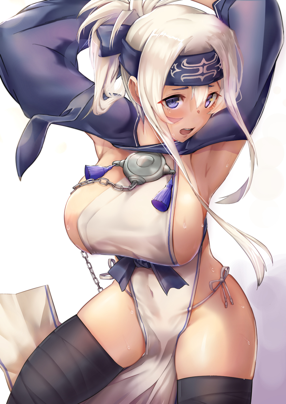 10s 1girl armadillo-tokage armpits arms_behind_back arms_up backlighting black_legwear blue_eyes blush breasts covered_navel folded_ponytail from_above hair_between_eyes headband highres indoors kamoi_(kantai_collection) kantai_collection large_breasts long_hair looking_at_viewer on_table open_mouth panties pelvic_curtain raised_eyebrows round_teeth sash side-tie_panties side_slit sideboob sidelocks sitting solo string_panties sunlight sweat tabard table tareme tassel teeth thigh-highs underbust underwear white_hair
