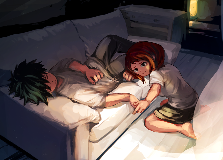 1boy 1girl anezu barefoot boku_no_hero_academia brown_hair closed_eyes couch freckles green_hair hand_holding hand_on_own_stomach living_room midoriya_izuku on_couch pants shirt short_hair sitting skirt sleeping t-shirt uraraka_ochako wariza white_shirt