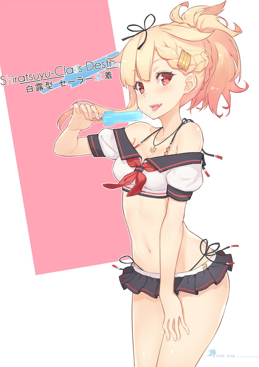 10s 1girl 2017 adam700403 bangs bare_shoulders black_ribbon blonde_hair braid breasts character_name commentary_request dated eyebrows eyebrows_visible_through_hair food hair_ribbon highres holding ice_cream jewelry kantai_collection looking_at_viewer miniskirt navel necklace open_mouth pink_background ponytail red_eyes remodel_(kantai_collection) revision ribbon school_uniform serafuku short_hair short_sleeves simple_background skirt small_breasts solo teeth two-tone_background white_background yuudachi_(kantai_collection)