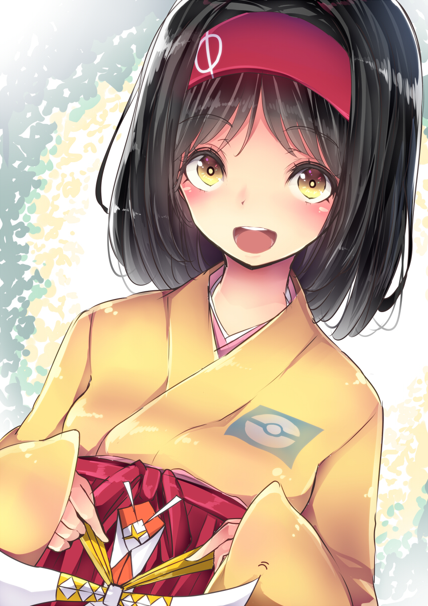 1girl black_hair blush brown_eyes commentary_request erika_(pokemon) gym_leader hairband highres japanese_clothes kartana kimono open_mouth pokemon pokemon_(game) pokemon_hgss short_hair sketch smile solo xe-cox