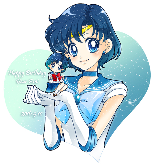 2girls bishoujo_senshi_sailor_moon blue_bow blue_choker blue_eyes blue_hair blue_sailor_collar blue_skirt bow brooch character_name chibi circlet closed_mouth dated dual_persona earrings elbow_gloves gloves happy_birthday jewelry juuban_middle_school_uniform looking_at_viewer magical_girl mizuno_ami multiple_girls pleated_skirt red_bow sailor_mercury sarashina_kau school_uniform serafuku short_hair skirt smile socks white_gloves