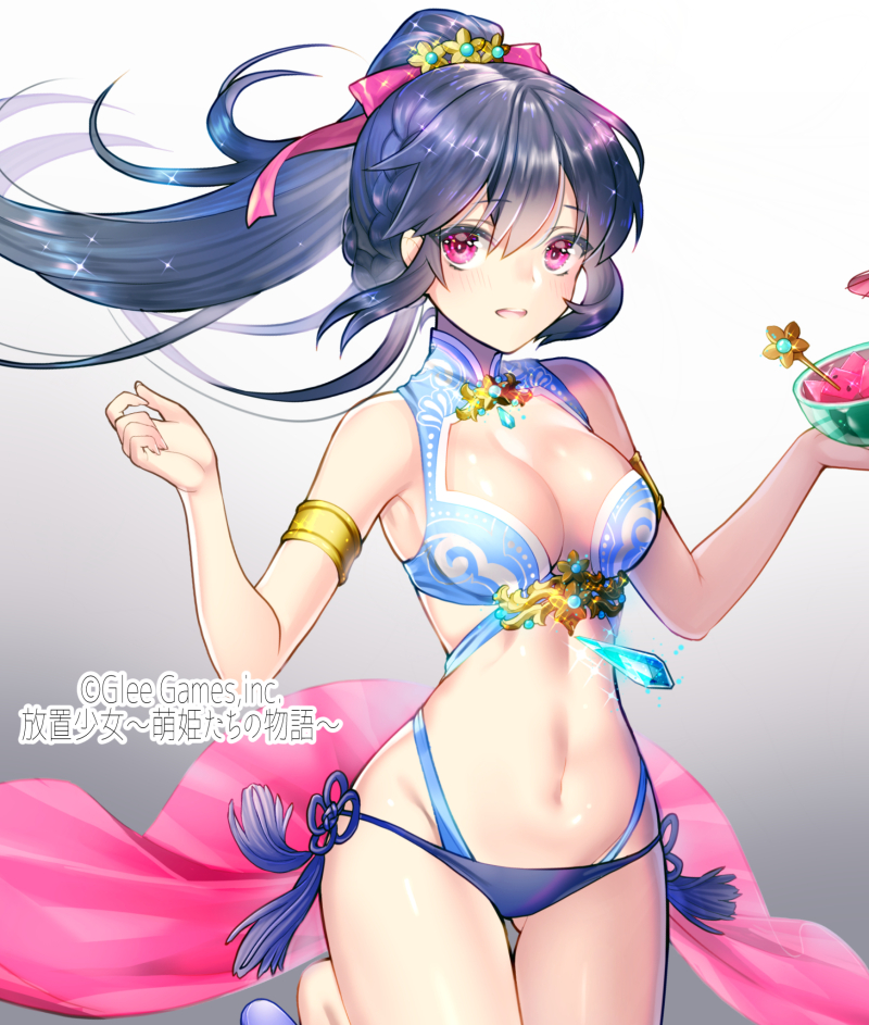 1girl bangs bikini black_hair blue_bikini blush breasts chinese_clothes cleavage company_name copyright_name cowboy_shot eyebrows_visible_through_hair food fruit gluteal_fold gradient gradient_background hair_between_eyes hair_ornament hair_ribbon hand_up hands_up houchi_shoujo large_breasts long_hair looking_at_viewer navel official_art open_mouth pink_ribbon ponytail ribbon sidelocks solo swimsuit tamaki_mitsune tassel thigh-highs violet_eyes watermark watermelon