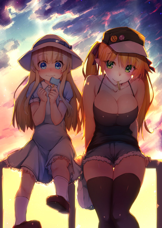 2girls black_legwear blonde_hair blue_eyes blush brain_freeze breast_squeeze breasts camisole cleavage clenched_hand collarbone dress erect_nipples evening eyebrows_visible_through_hair food green_eyes hat ice_cream kneehighs large_breasts long_hair looking_at_another mouth_hold multiple_girls nose_blush orange_hair original peaked_cap pointy_ears railing satou_(kuso-neet) short_shorts shorts sitting sky smile sun_hat sundress thigh-highs twintails wavy_mouth