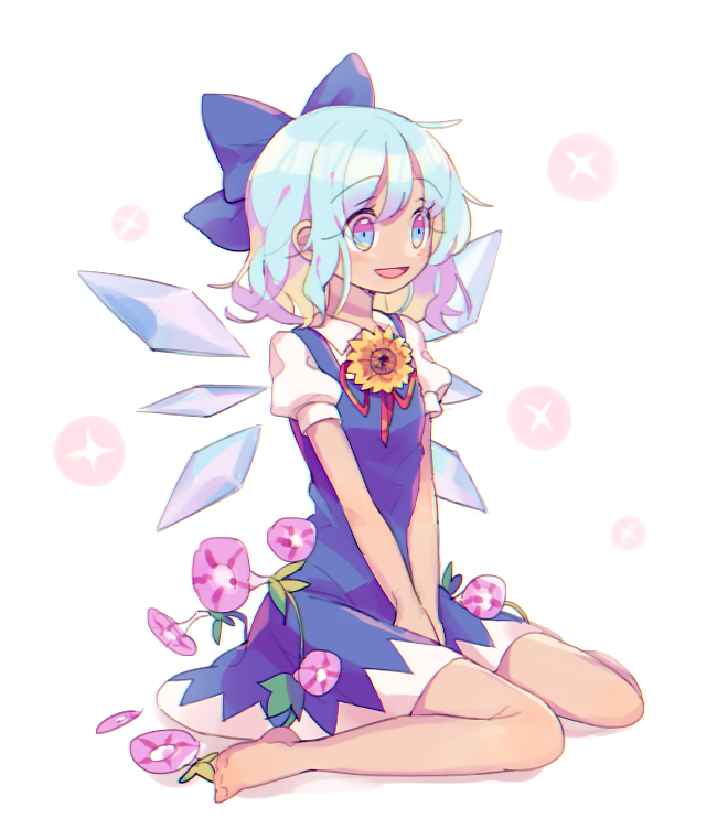 1girl :d barefoot blue_bow blue_dress blue_eyes blue_hair bow cirno dress flower full_body hair_bow ice ice_wings mimureem morning_glory multicolored multicolored_eyes open_mouth puffy_short_sleeves puffy_sleeves short_hair short_sleeves sitting smile solo sunflower tan tanned_cirno touhou v_arms violet_eyes wariza white_background wings