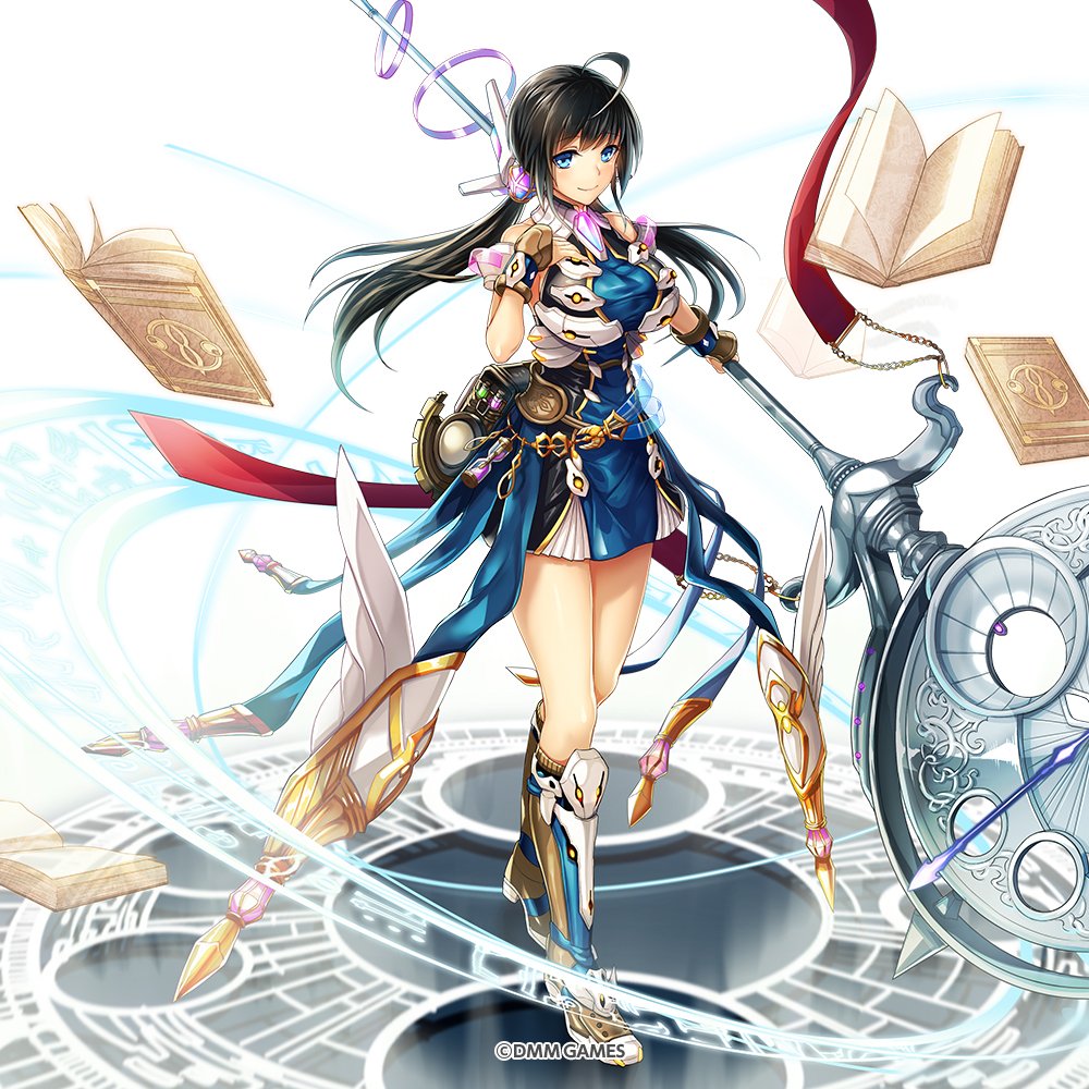 1girl bag bangs belt black_hair blue_eyes book boots breasts commentary_request copyright_name dress eyebrows_visible_through_hair full_body gloves hand_on_own_chest holding hourglass kami_project knee_boots large_breasts long_hair looking_at_viewer low_twintails official_art original short_dress simple_background skirt sleeveless smile solo staff standing twintails