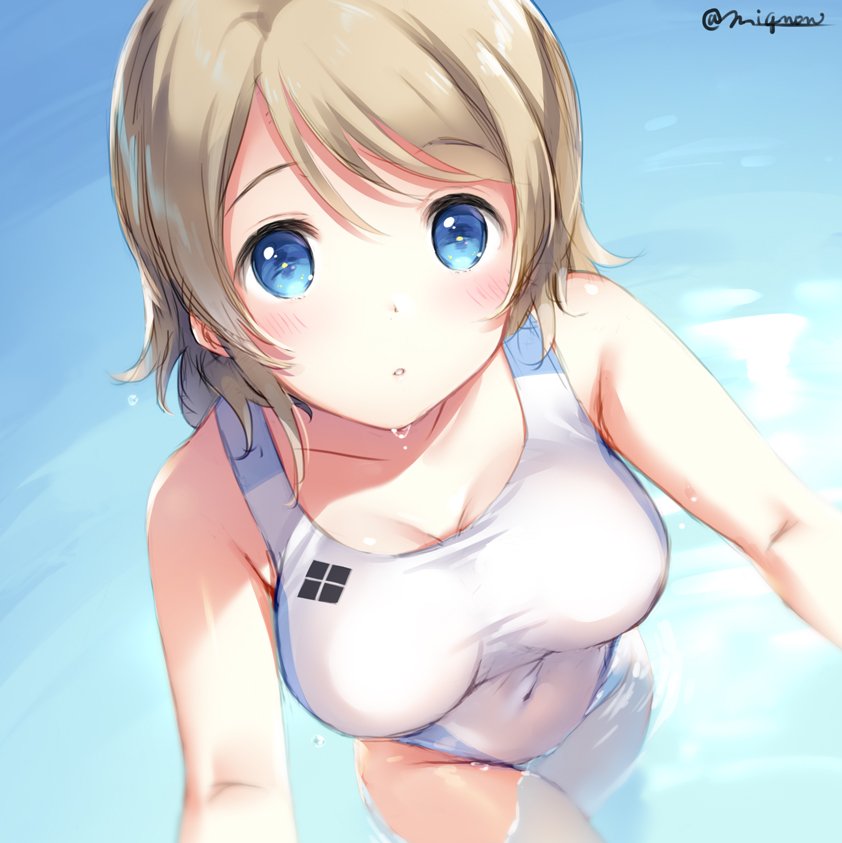 1girl artist_name bangs blue_eyes blush breasts collarbone competition_swimsuit covered_navel eyebrows_visible_through_hair foreshortening from_above light_brown_hair looking_at_viewer love_live! love_live!_sunshine!! medium_breasts mignon one-piece_swimsuit parted_lips short_hair solo swept_bangs swimsuit thighs wading watanabe_you water wet