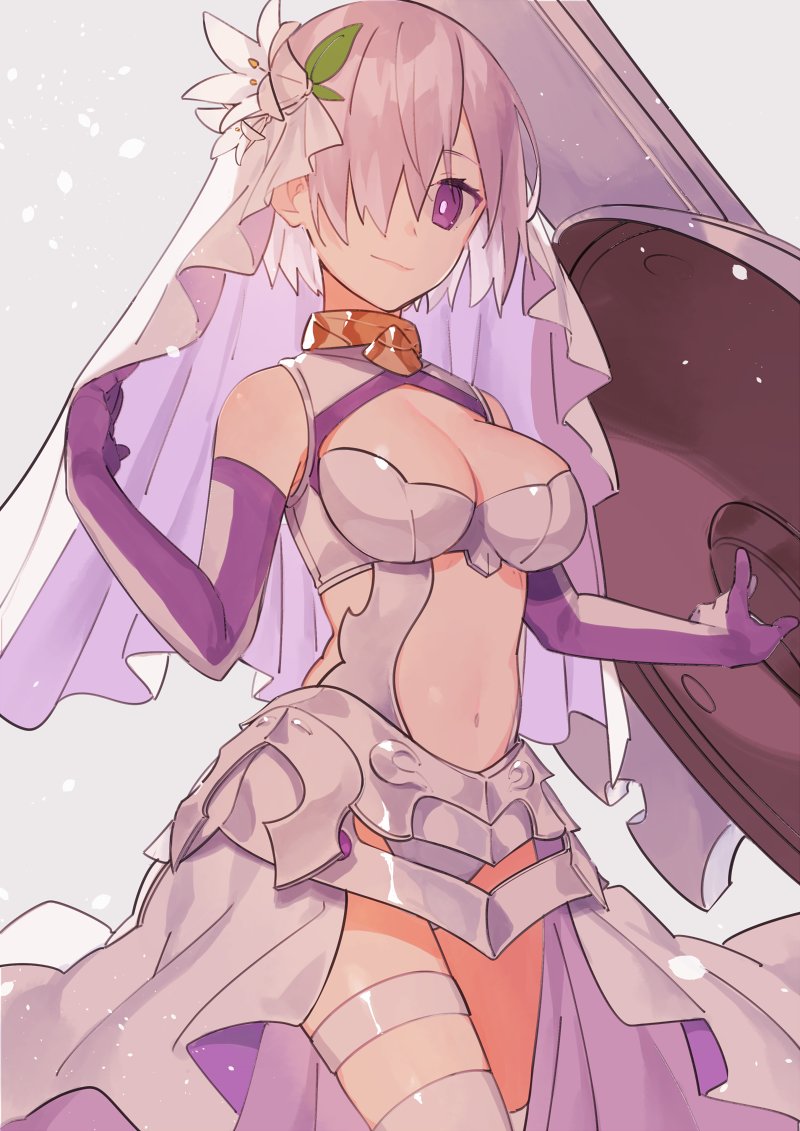 1girl adapted_costume aikanm armor armored_dress breasts bright_pupils cleavage cleavage_cutout closed_mouth contrapposto cowboy_shot dress elbow_gloves fate/grand_order fate_(series) flower gloves grey_background hair_flower hair_ornament hair_over_one_eye large_breasts leotard looking_at_viewer navel navel_cutout pink_hair shield shielder_(fate/grand_order) short_hair simple_background smile solo thigh-highs thigh_strap veil violet_eyes white_dress white_legwear white_leotard white_pupils