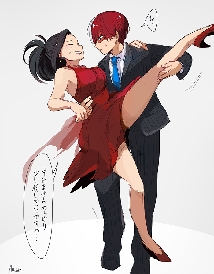 ... 1boy 1girl ^_^ anezu artist_name bare_shoulders black_hair boku_no_hero_academia breasts closed_eyes dancing dress full_body high_heels jewelry large_breasts leg_lift looking_at_another multicolored_hair necklace necktie open_mouth ponytail red_dress redhead sideburns simple_background sleeveless sleeveless_dress smile speech_bubble sweatdrop text thought_bubble todoroki_shouto torso_grab translated tuxedo two-tone_hair white_background white_hair yaoyorozu_momo