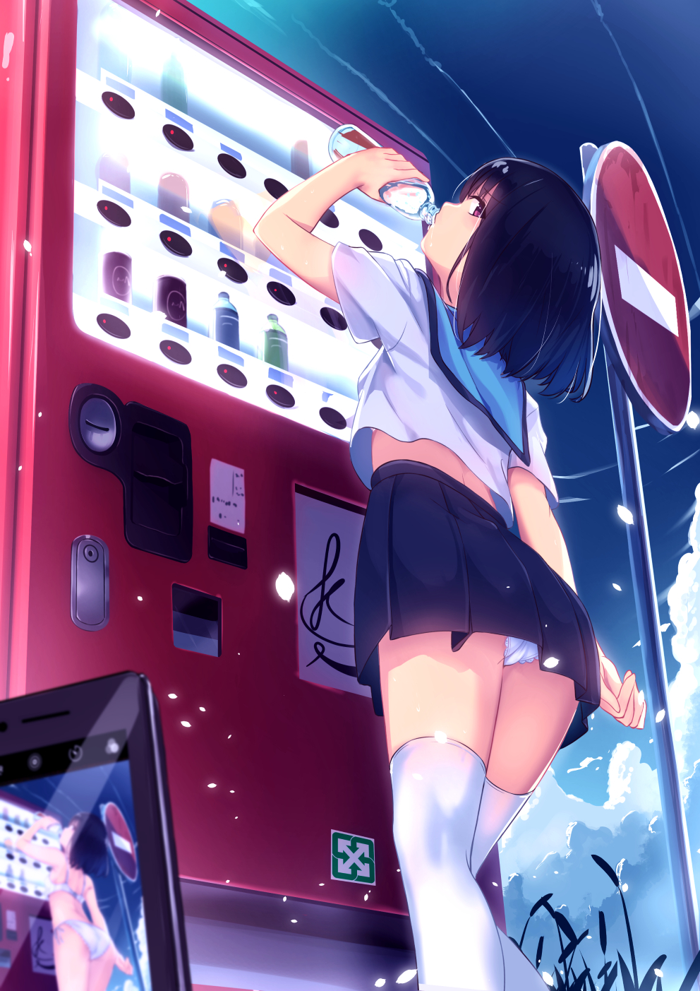 1girl arm_at_side ass black_hair blue_skirt bottle bra cellphone clouds commentary condensation_trail day drinking eyebrows_visible_through_hair from_behind highres looking_back original outdoors panties pantyshot pantyshot_(standing) phone pleated_skirt revision road_sign school_uniform serafuku shirt short_hair short_sleeves sign skirt smartphone solo standing thigh-highs underwear vending_machine violet_eyes white_bra white_legwear white_panties white_shirt yan_(nicknikg)