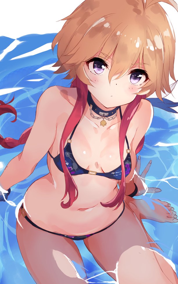 1girl bikini gloves idolmaster idolmaster_cinderella_girls leash long_hair multicolored_hair ninomiya_asuka orange_hair sitting swimsuit tetsujin_momoko two-tone_hair violet_eyes