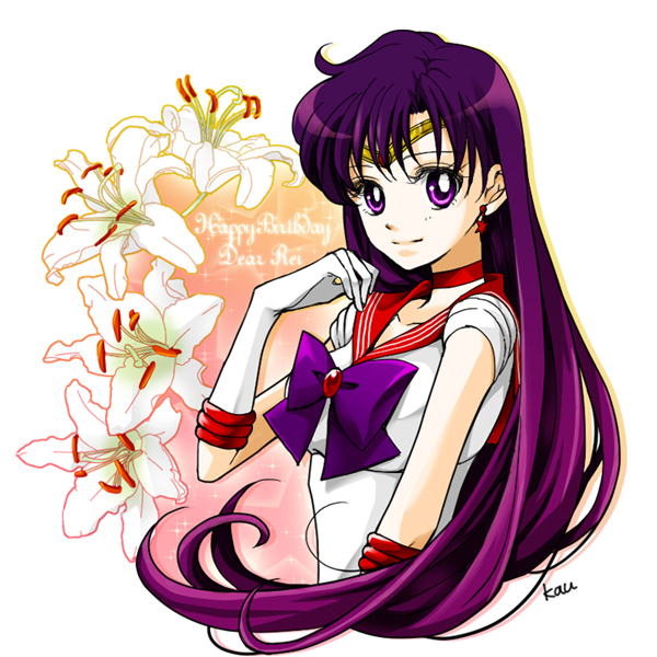 1girl bishoujo_senshi_sailor_moon bow character_name circlet closed_mouth earrings flower gloves happy_birthday hino_rei jewelry lily_(flower) long_hair looking_at_viewer magical_girl purple_bow purple_hair red_choker red_sailor_collar sailor_mars sarashina_kau signature smile solo star star_earrings upper_body violet_eyes white_gloves