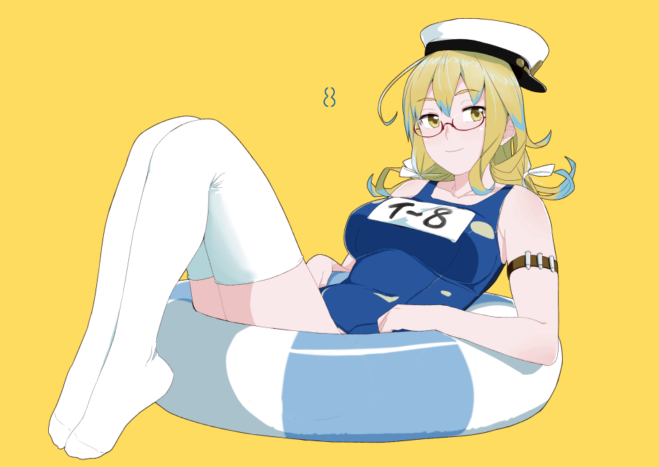 10s 1girl ahoge blonde_hair blue_eyes full_body glasses hat i-8_(kantai_collection) innertube kantai_collection low_twintails name_tag number ojipon one-piece_swimsuit peaked_cap red-framed_eyewear sailor_hat school_swimsuit semi-rimless_glasses simple_background solo swimsuit thigh-highs twintails under-rim_glasses white_legwear yellow_background