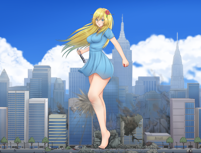 &gt;:) 1girl bare_legs barefoot bartondh blonde_hair blood blue_eyes blue_sky blush breasts building city clenched_hand closed_mouth clouds day destruction dress flower full_body giantess hair_flower hair_ornament holding long_hair medium_breasts outdoors road scar scar_across_eye short_dress short_sleeves sky skyscraper smile standing street tsurime