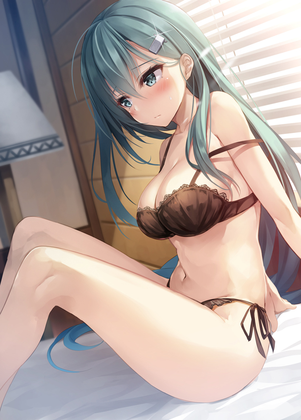 10s 1girl aqua_eyes aqua_hair black_bra black_panties blinds blush bra breasts cleavage closed_mouth exe_(xe) frilled_panties frills glint hair_between_eyes hair_ornament hairclip indoors kantai_collection lace lace-trimmed_bra large_breasts long_hair looking_away navel on_bed panties side-tie_panties sitting solo strap_slip suzuya_(kantai_collection) sweatdrop underwear underwear_only very_long_hair