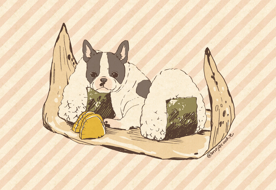 dog food french_bulldog mojacookie no_humans onigiri signature striped striped_background