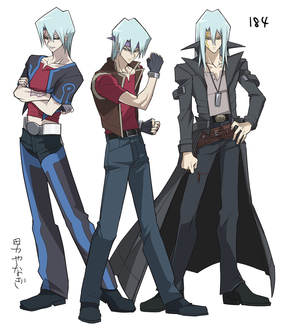 3boys backless_pants belt black_sclera blue_hair coat crossed_arms dark_persona facial_mark fingerless_gloves full_body gloves hair_between_eyes hand_on_hip height instrument kiryuu_kyousuke long_hair looking_at_viewer male_focus multiple_boys multiple_persona navel pants shirt short_hair smirk standing t-shirt vest white_background yanazuri_(kimossari337) yellow_eyes yu-gi-oh! yuu-gi-ou_5d's