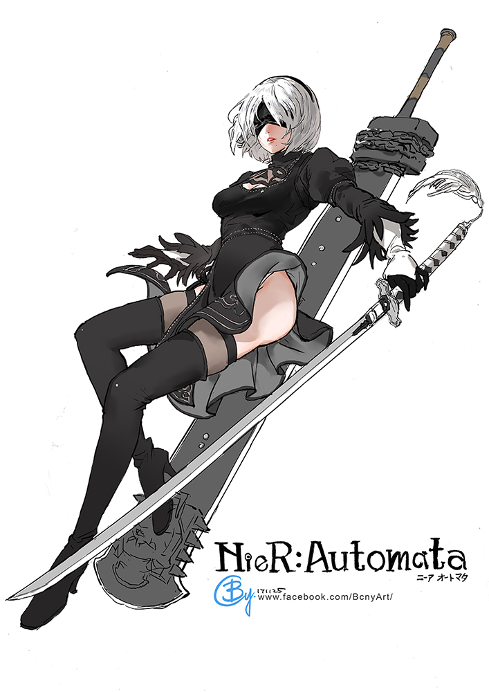 b.c.n.y. black_dress black_hairband blindfold boots cleavage_cutout covered_eyes dress feather-trimmed_sleeves hairband high_heel_boots high_heels holding holding_sword holding_weapon juliet_sleeves long_sleeves mole mole_under_mouth nier_(series) nier_automata pink_lips puffy_sleeves silver_hair sword thigh-highs thigh_boots thighhighs_under_boots vambraces weapon yorha_no._2_type_b