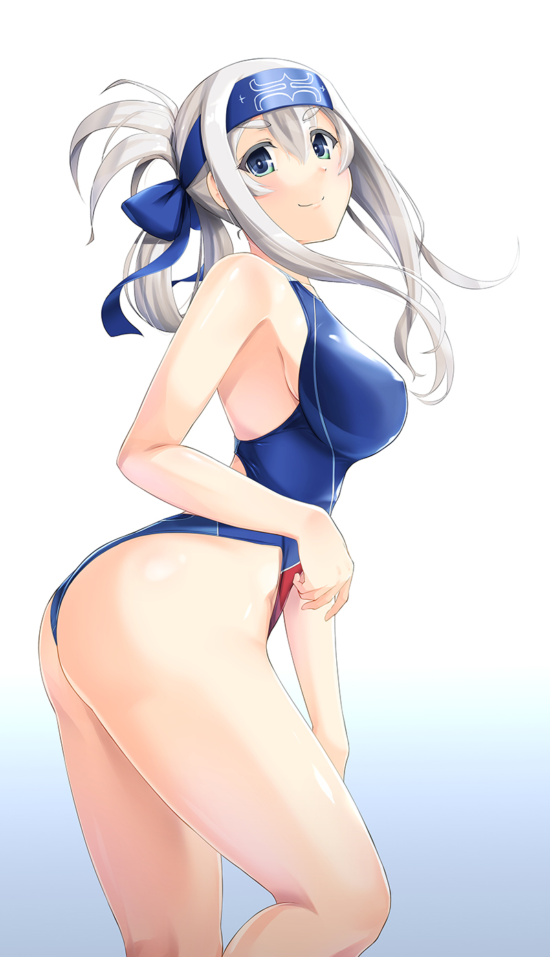 &gt;:) 10s 1girl 8000 ass bare_arms bare_shoulders blue_background blue_eyes blue_headband blue_swimsuit breasts bright_pupils closed_mouth competition_swimsuit erect_nipples folded_ponytail from_side gradient gradient_background hair_between_eyes hair_ribbon hair_rings headband highres kamoi_(kantai_collection) kantai_collection kneepits large_breasts leaning_forward long_hair looking_at_viewer looking_to_the_side one-piece_swimsuit ribbon sideboob sidelocks silver_hair smile solo swimsuit thick_eyebrows thighs upper_body white_background