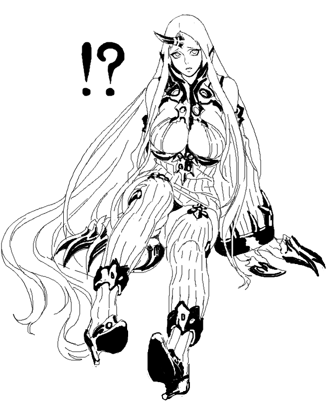 ! !? 1girl absurdly_long_hair boots breasts claws cleavage collar cosmic_bear detached_sleeves dress high_collar high_heel_boots high_heels horn kantai_collection large_breasts lineart long_hair looking_at_viewer monochrome ribbed_dress seaport_water_oni shinkaisei-kan short_dress sitting solo spoken_exclamation_mark thigh-highs thigh_boots very_long_hair