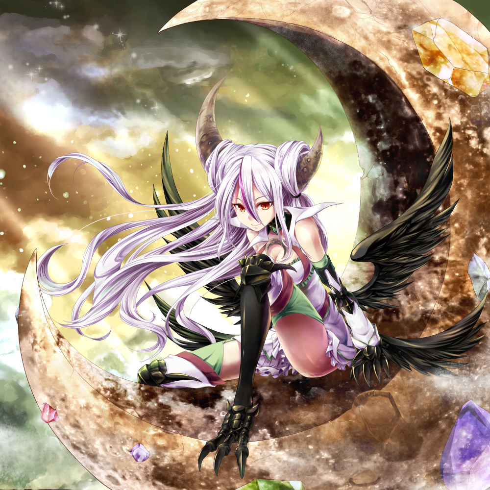 &gt;:) 1girl asymmetrical_horns bare_shoulders black_wings breasts character_request claws cleavage closed_mouth crescent detached_sleeves dress feathered_wings full_body greaves hair_between_eyes horns lavender_hair long_hair looking_at_viewer lord_of_vermilion_iii medium_breasts multiple_wings red_eyes short_dress sitting smile solo talons thigh-highs very_long_hair white_dress wings yue_(pixiv2547)