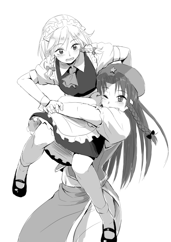 2girls apron arms_behind_back ascot bangs blush bow braid collared_shirt eyebrows_visible_through_hair frilled_apron frills greyscale hair_between_eyes hair_bow hat hong_meiling hug hug_from_behind izayoi_sakuya long_hair maid maid_headdress mary_janes monochrome multiple_girls nathaniel_pennel one_eye_closed open_mouth pelvic_curtain puffy_short_sleeves puffy_sleeves shirt shoes short_sleeves side_braid simple_background single_braid smile socks standing star touhou twin_braids waist_apron waist_hug white_background wrist_cuffs