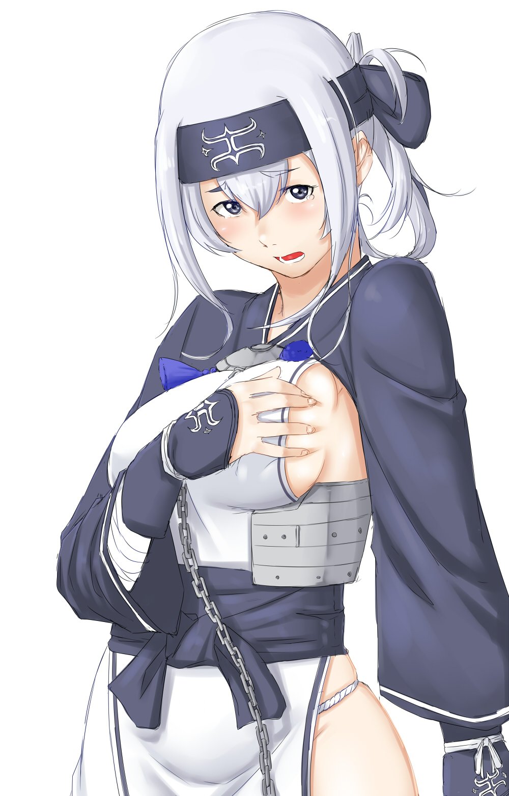 10s 1girl ainu_clothes arm_wrap blush breasts chains commentary_request cropped_jacket dress folded_ponytail fundoshi grey_eyes hand_on_own_chest headband highres japanese_clothes kamoi_(kantai_collection) kantai_collection large_breasts long_hair long_sleeves looking_at_viewer niwatazumi pelvic_curtain sideboob sleeveless sleeveless_dress solo tearing_up upper_body white_background white_hair