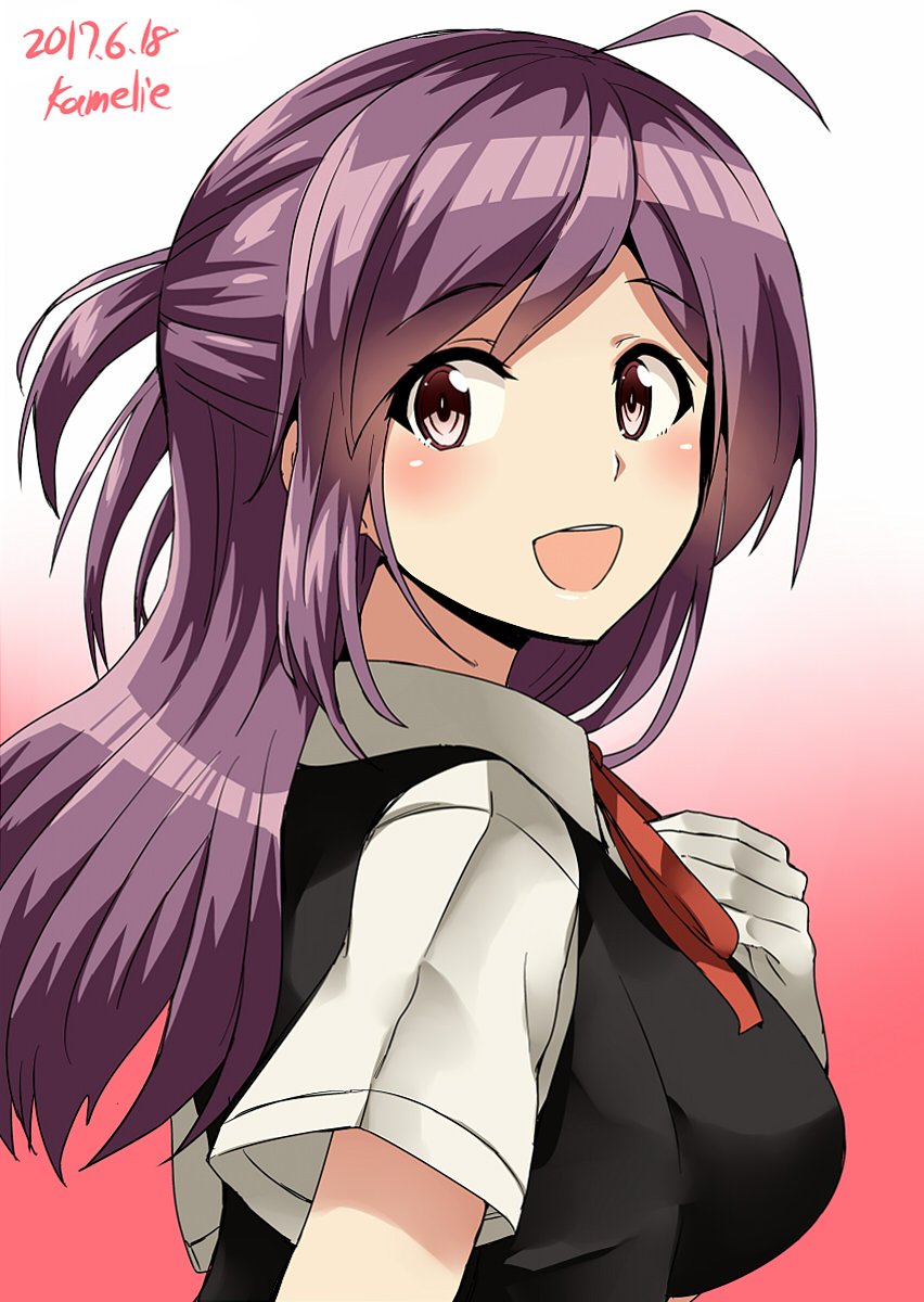 1girl ahoge artist_name black_vest blush breasts brown_eyes dated eyebrows_visible_through_hair from_side gloves gradient gradient_background hagikaze_(kantai_collection) hand_on_own_chest highres kamelie kantai_collection long_hair looking_at_viewer looking_back medium_breasts necktie open_mouth purple_hair red_background red_necktie shirt short_sleeves side_ponytail smile solo upper_body vest white_background white_gloves white_shirt