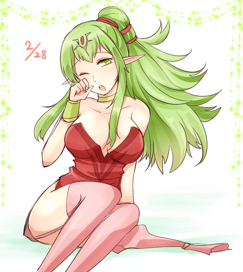 1girl bare_shoulders breasts chiki cleavage dated dress fire_emblem fire_emblem:_kakusei green_eyes green_hair hand_on_own_face large_breasts legs_together long_hair looking_at_viewer older one_eye_closed open_mouth pink_legwear pointy_ears ponytail shougayaki_(kabayaki_3) sitting sketch solo thigh-highs white_background wristband yawning