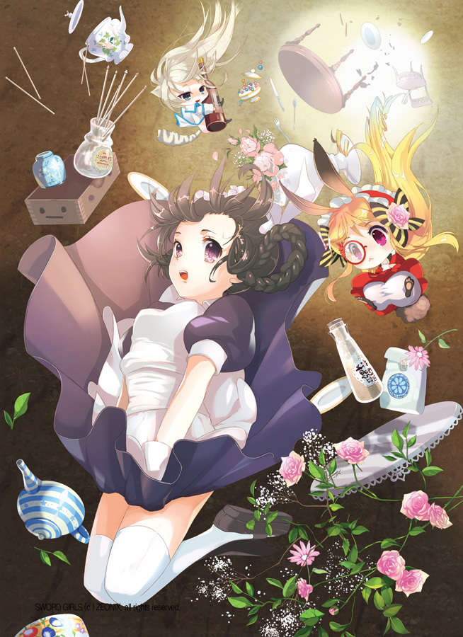 alice_in_wonderland animal_ears apron blonde_hair blue_eyes bottle braid brown_hair bunny_tail cat_ears cat_tail chair cinia_pacifica crossover dishes dress dress_tug drink falling flower headdress long_hair maid mintchoco_(orange_shabette) new_maid pink_eyes rabbit_ears sigma_(sword_girls) sword_girls table tail teapot thigh-highs violet_eyes