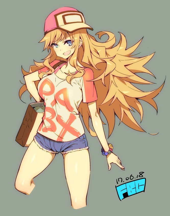 1girl artist_name blonde_hair blue_eyes bracelet breasts fbc hat headgear idolmaster jewelry long_hair looking_at_viewer messy_hair open_mouth short_sleeves shorts solo tagme