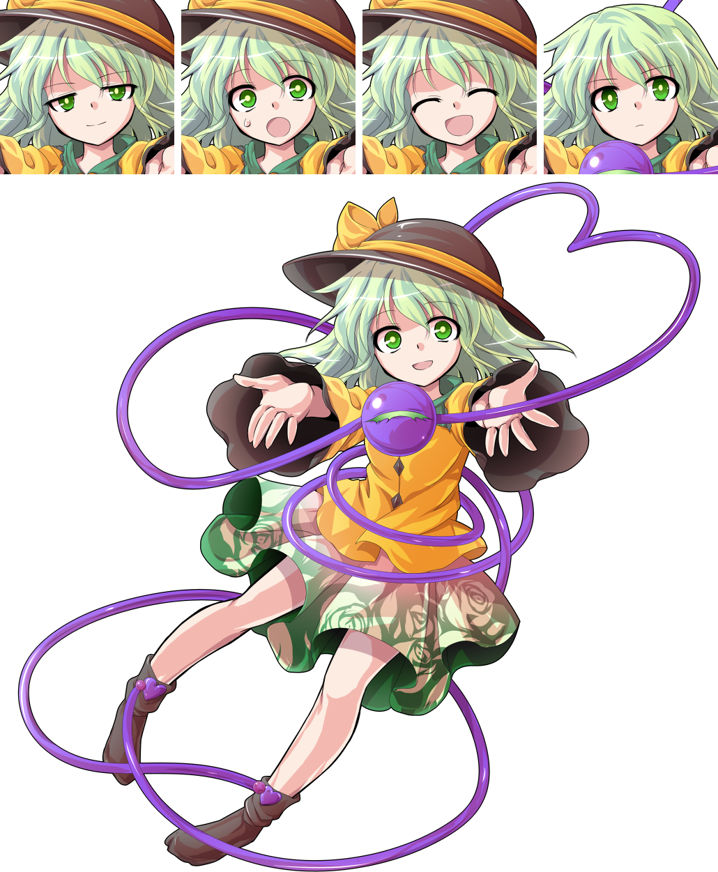 1girl :d :o alphes_(style) bangs black_hat bow brown_legwear closed_eyes closed_mouth commentary_request dairi eyebrows_visible_through_hair floral_print full_body green_eyes green_hair green_skirt hair_between_eyes hat hat_bow highres komeiji_koishi long_sleeves looking_at_viewer multiple_views no_hat no_headwear no_shoes open_mouth parody print_skirt skirt smile socks style_parody sweat tachi-e third_eye touhou transparent_background yellow_bow