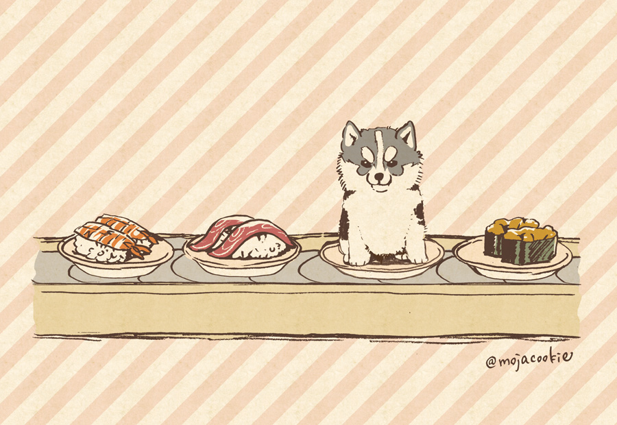 conveyor_belt_sushi dog food husky mojacookie no_humans plate striped striped_background sushi