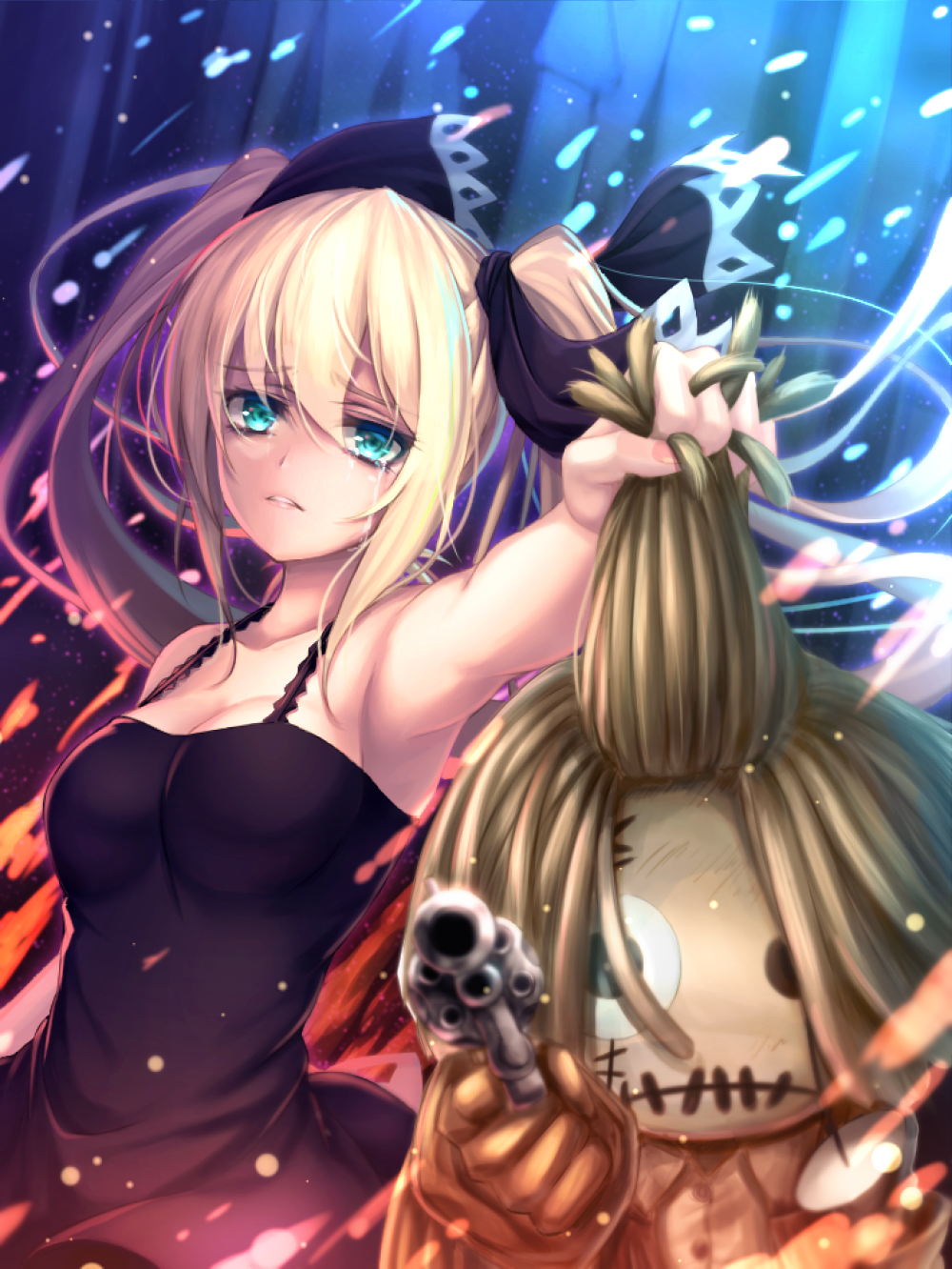 1girl bare_shoulders black_dress blonde_hair blue_eyes breasts cleavage crying crying_with_eyes_open doll dress fire gun hair_ribbon highres long_hair looking_at_viewer marion_phauna medium_breasts parted_lips ribbon shaman_king solo tears tiphereth twintails weapon