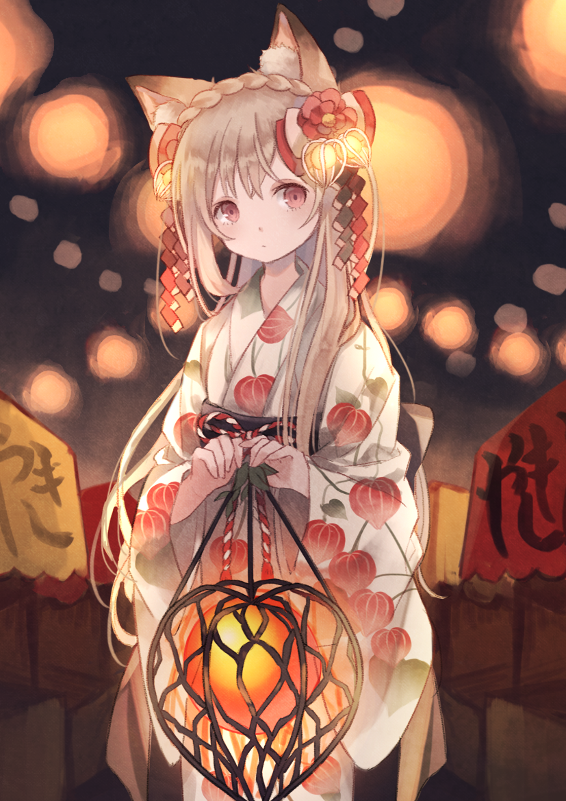 1girl animal_ears bangs blush brown_hair camellia_(flower) closed_mouth cowboy_shot festival flower fox_ears hair_flower hair_ornament holding japanese_clothes kimono long_hair looking_at_viewer obi original oro_ponzu outdoors red_eyes red_flower sash shide solo white_kimono yukata