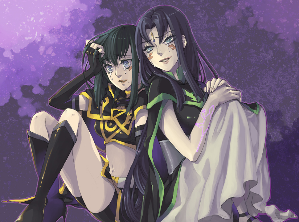 2girls black_hair blue_eyes boots capelet carly_nagisa crying dark_persona forehead_jewel green_hair high_heel_boots high_heels himekawa_donki long_hair long_skirt midriff misty_lola multiple_girls navel shorts sitting skirt very_long_hair yu-gi-oh! yuu-gi-ou_5d's