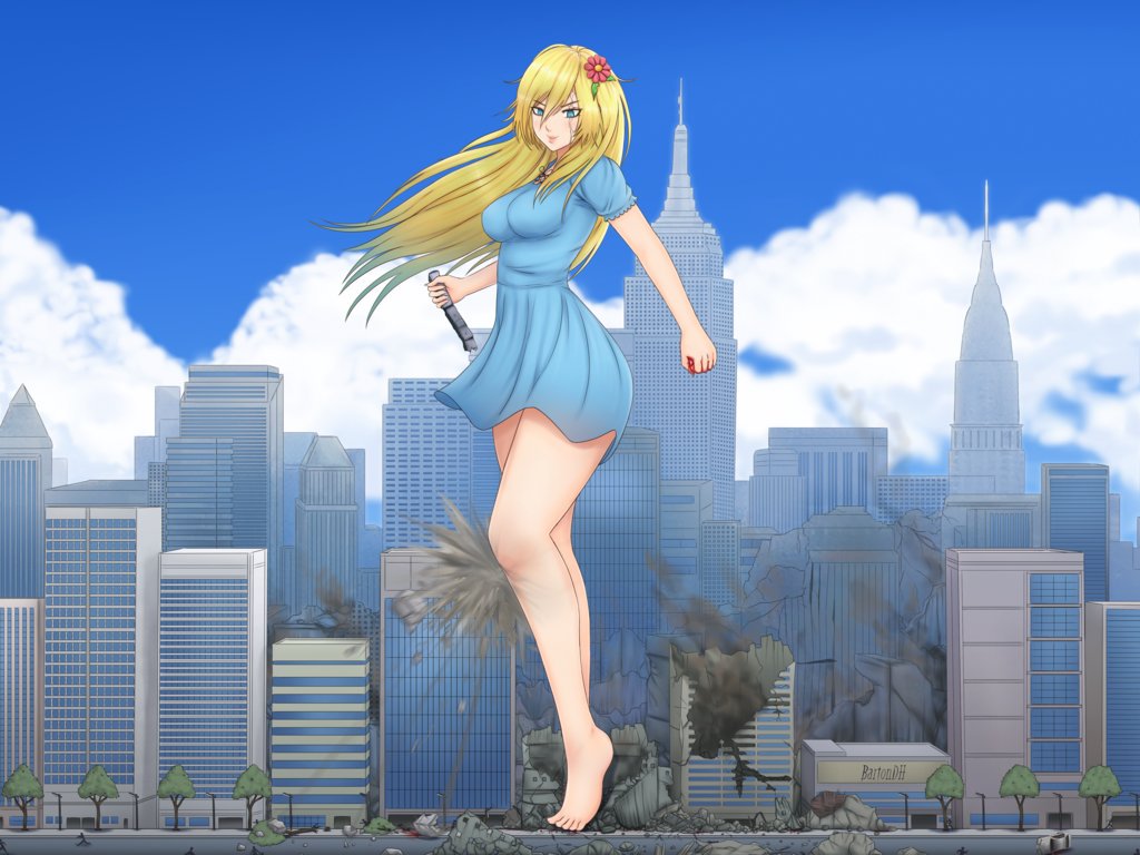 &gt;:) 1girl bare_legs barefoot bartondh blonde_hair blood blue_eyes blue_sky blush breasts building city clenched_hand closed_mouth clouds day destruction dress flower full_body giantess hair_flower hair_ornament holding long_hair medium_breasts outdoors road scar scar_across_eye short_dress short_sleeves sky skyscraper smile standing street tsurime