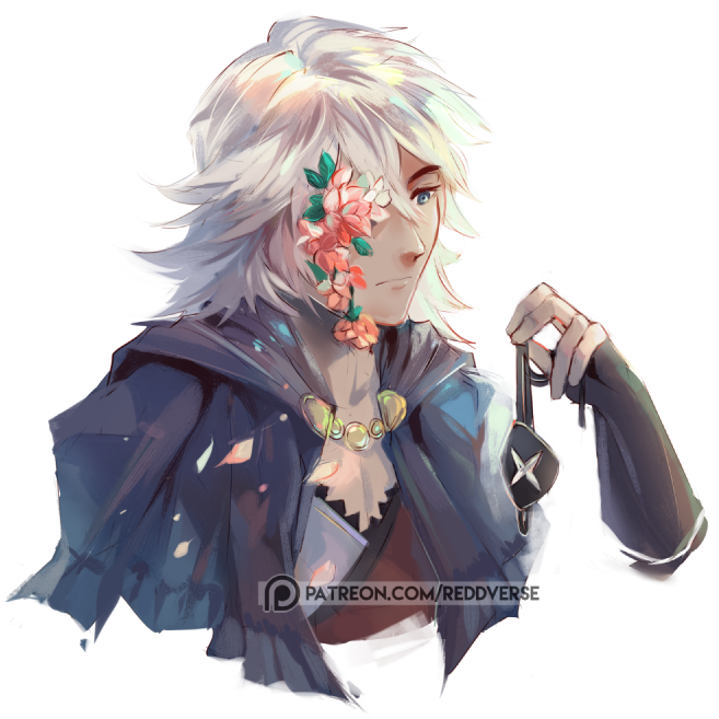 1boy artist_name blue_eyes capelet dark_skin eyepatch eyepatch_removed fire_emblem fire_emblem_if flower_eyepatch leaf male_focus patreon_logo patreon_username reddverse simple_background solo white_background white_hair zero_(fire_emblem_if)