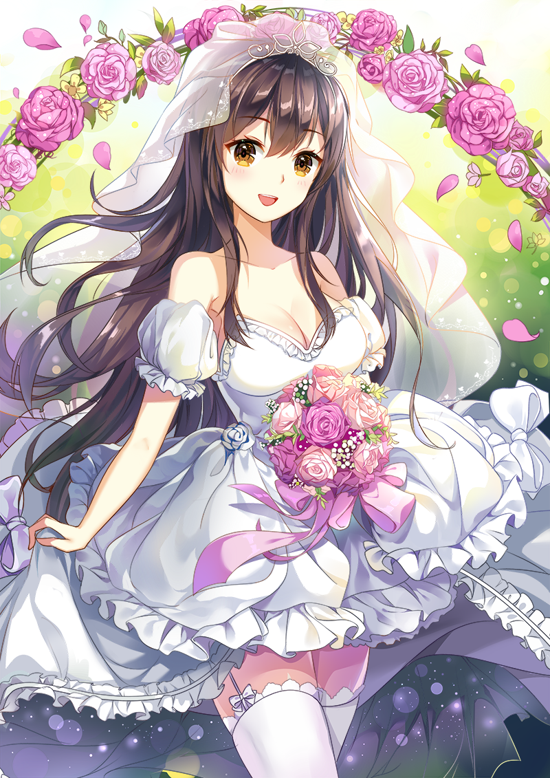 10s 1girl :d akagi_(kantai_collection) alternate_costume arch backlighting blush bouquet bow breasts bridal_veil cleavage cowboy_shot detached_sleeves dress eyebrows_visible_through_hair flower frilled_dress frills garter_straps holding holding_bouquet kantai_collection light_particles long_hair looking_at_viewer medium_breasts open_mouth petals pink_rose puffy_short_sleeves puffy_sleeves purple_rose rose rose_petals see-through short_sleeves sidelocks smile solo standing strapless strapless_dress thigh-highs veil very_long_hair wedding_dress white_bow white_dress white_legwear zettai_ryouiki