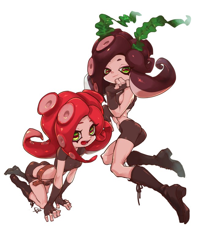 2girls all_fours alternate_hair_color ass bare_shoulders bent_over bike_shorts black_hair boots breasts crop_top domino_mask elbow_gloves full_body gloves green_eyes half-closed_eyes mask midriff multiple_girls navel octarian open_mouth pani_spla seaweed short_eyebrows short_sleeves sideboob simple_background sleeveless smile splatoon takozonesu tentacle tentacle_hair white_background